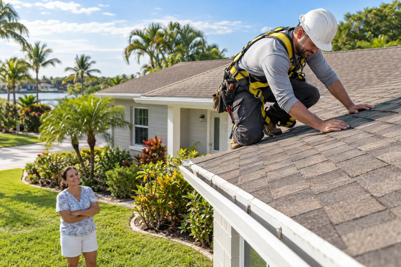 Local roofing provider inspecting a shingle roof for leaks on a home in Tarpon Springs